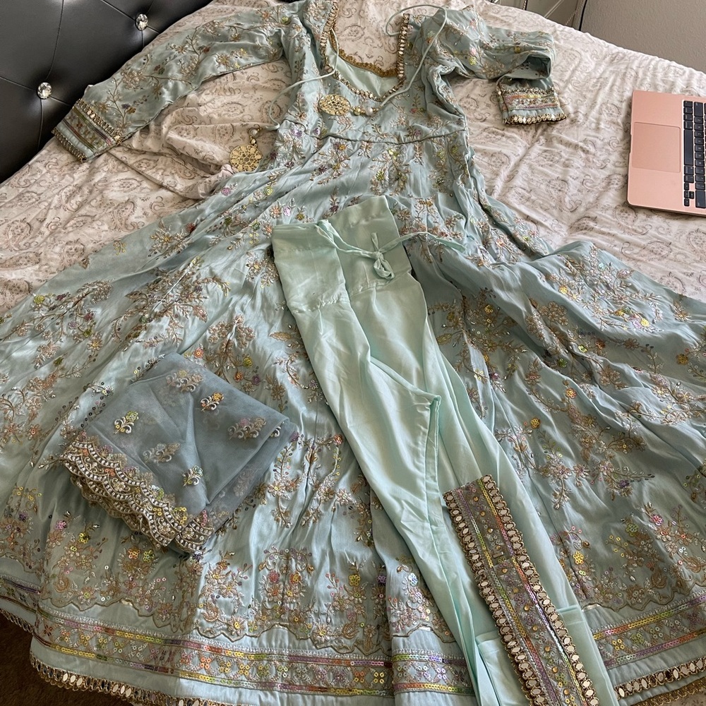 Sold out online ! Lashkaraa Blue and Gold Silk Anarkali Suit size Small
